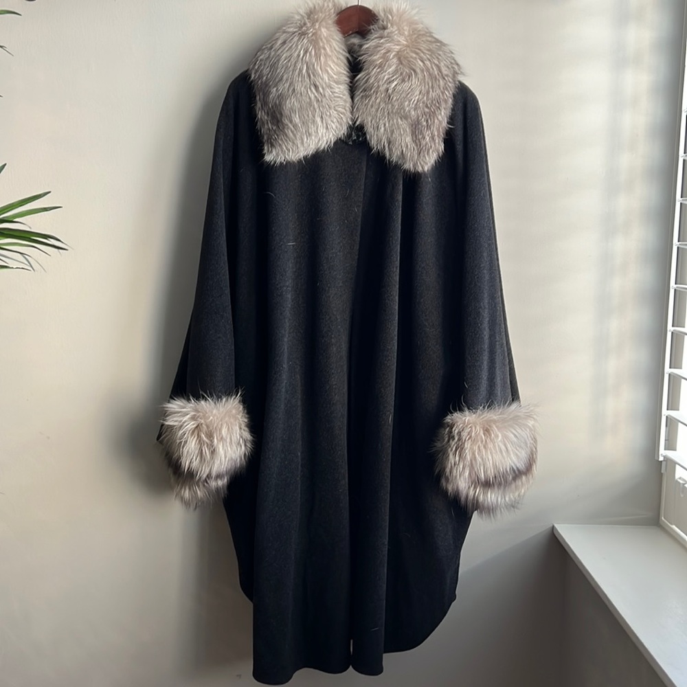 Black Cape Coat with Fox Fur Collar and Cuffs